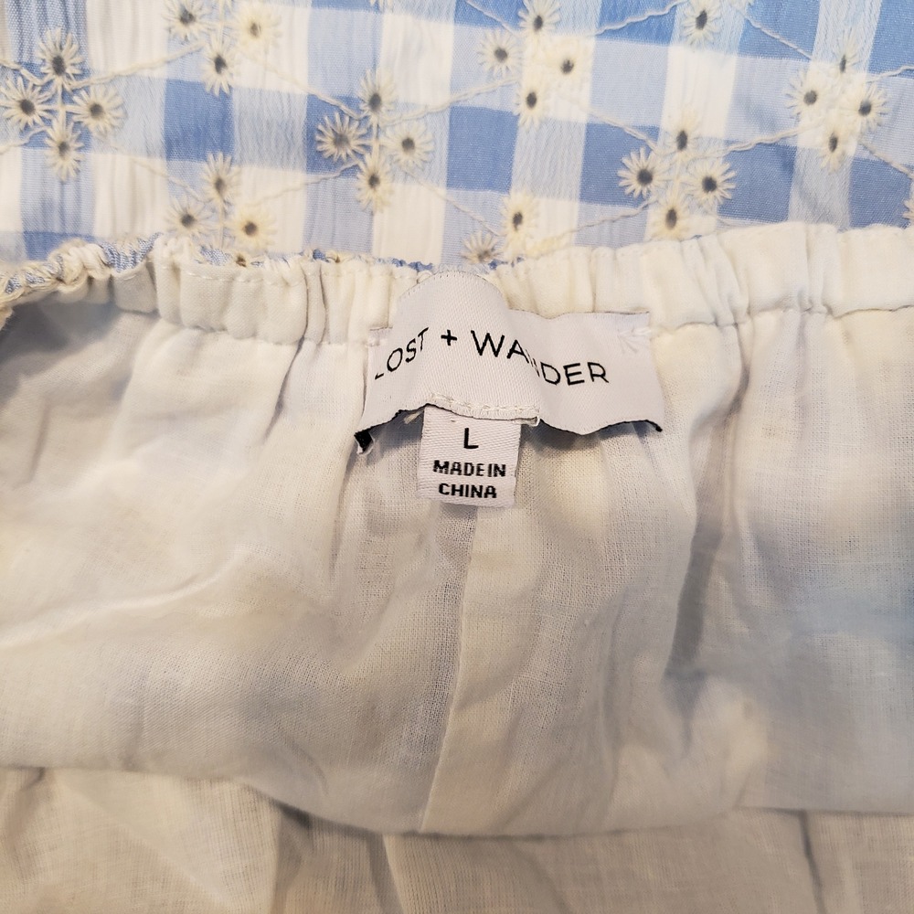 Lost + Wander Blue Gingham Daisy Eyelet Tiered Maxi Dress Size L - Picture 4 of 7